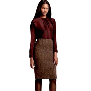 Gap Brown Herringbone Tweed Wool Blend Pencil Skirt w/Leather Waist Tie